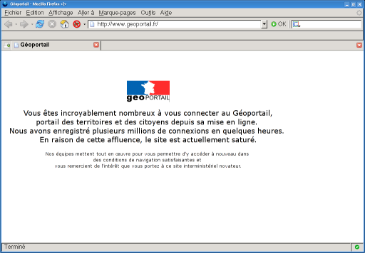 Page d'erreur sur geoportail.fr. Pauvre France...